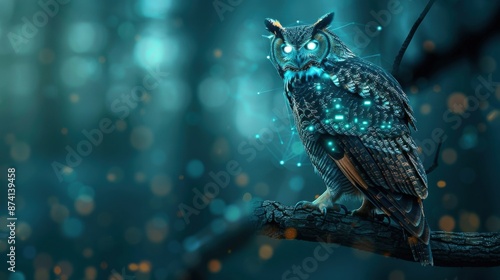 Magical owl glowing with blue lights in a mystical forest. Perfect for fantasy, nature, and wildlife-themed projects. © HDP-STUDIO