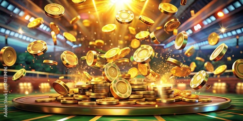 Casino Gold Coin Explosion Illustration, Cash Win, Treasure, Realistic Game, Casino Slots, Gambling, Jackpot, Vegas Lights, Winning Symbols