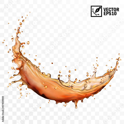 Realistic transparent isolated vector splash of tea, coffee, Cola or whiskey with drops, a splash in the form of a circle