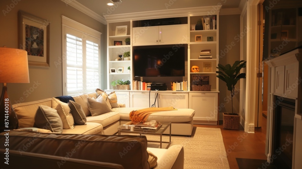 A modern living room featuring a large sectional sofa, a white entertainment center with a flat-screen TV, and a decorative plant. The room is lit by warm overhead lighting and a table lamp. A modern living room featuring a large sectional sofa, a white entertainment center with a flat-screen TV, and a decorative plant. The room is lit by warm overhead lighting and a table lamp.