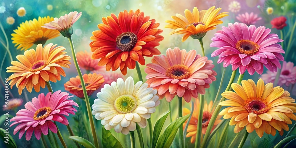 Colorful Gerbera Daisies in a Sunlit Meadow Colorful Gerbera Daisies in a Sunlit Meadow