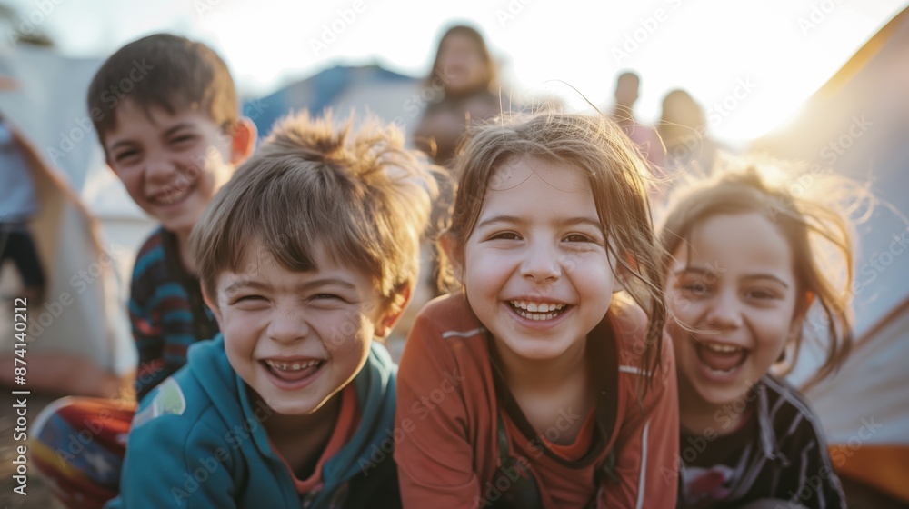 Happy multi ethnic group of children enjoying outdoor activities at a summer camp, laughing and playing together under the sun on a beautiful day Happy multi ethnic group of children enjoying outdoor activities at a summer camp, laughing and playing together under the sun on a beautiful day
