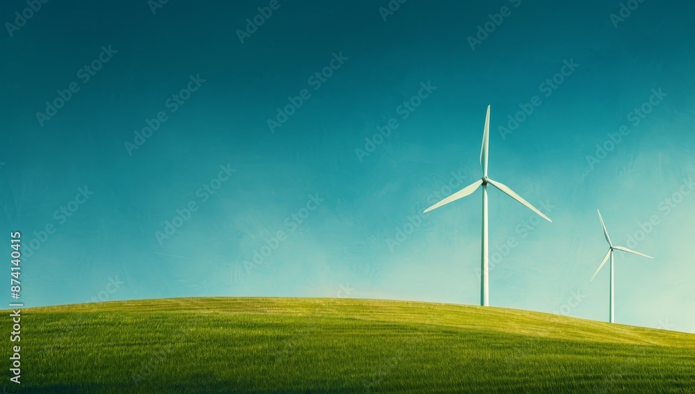 Fototapeta premium Two wind turbines are on a hillside in a field by AI generated image