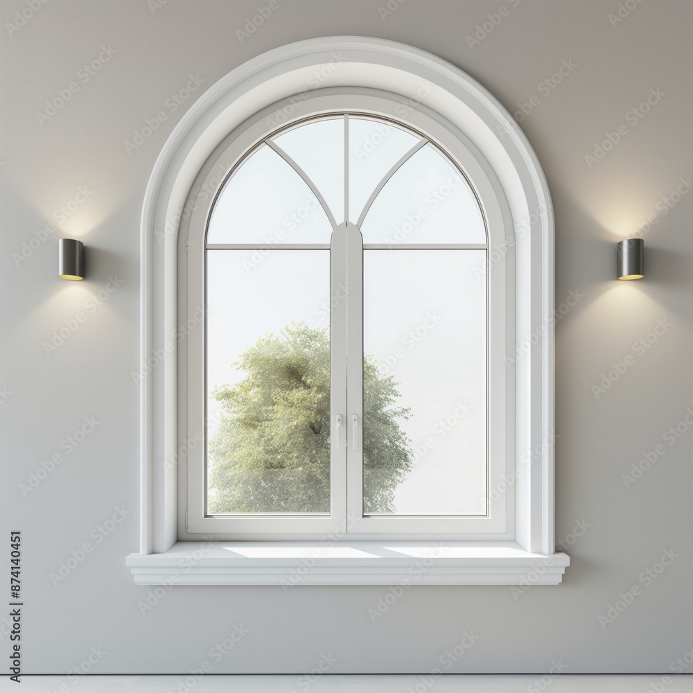 Obraz premium Elegant and timeless arched top window showcasing a picturesque garden view, enhancing the charm and sophistication of a well-lit living space.