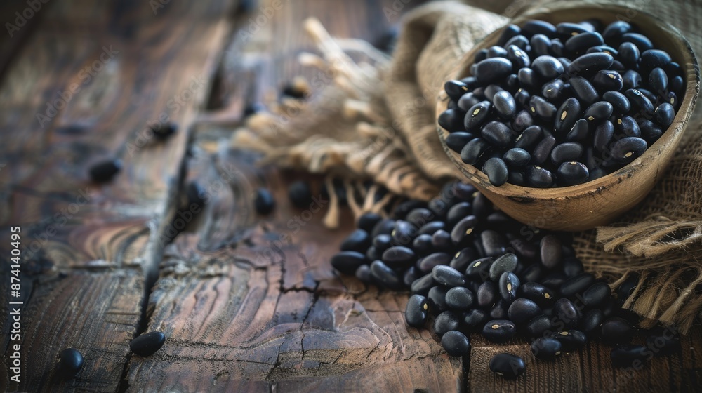 Vegetarian concept Raw black beans in rustic style on wooden table selective focus Vegetarian concept Raw black beans in rustic style on wooden table selective focus