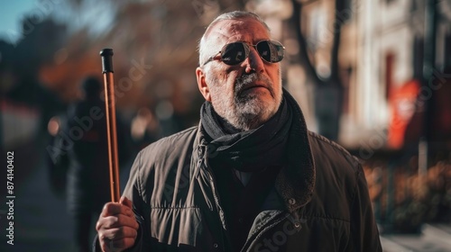 Blind man. A visually impaired man holds a cane on a city street.