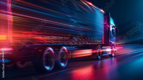 A semi-truck speeds down a highway at night, lights blurring in a vibrant spectacle