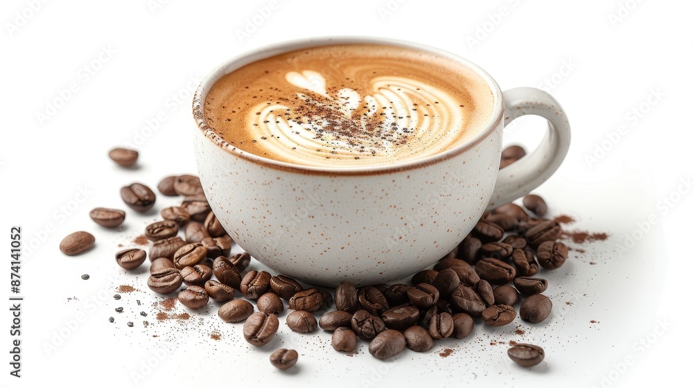 Cup of latte with intricate art on top, surrounded by scattered coffee beans on a white textured table. Cup of latte with intricate art on top, surrounded by scattered coffee beans on a white textured table.