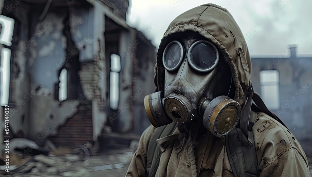Gas Masked Figure in Abandoned City Gas Masked Figure in Abandoned City