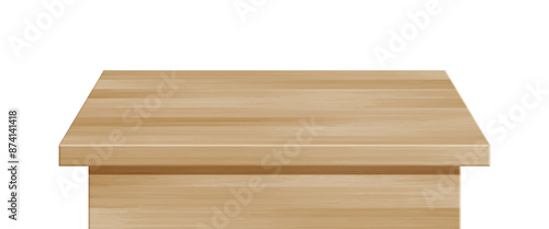 Wooden table surface perspective view. Vector realistic natural brown tabletop isolated on white background. 3d interior design template element. Wood board top, timber board for mock up, design.