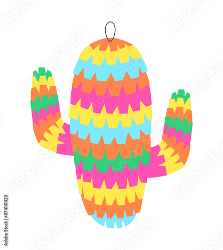 Cactus shaped pinata toy with sweets. Mexican holiday Cinco De Mayo decoration. Transparent backdop