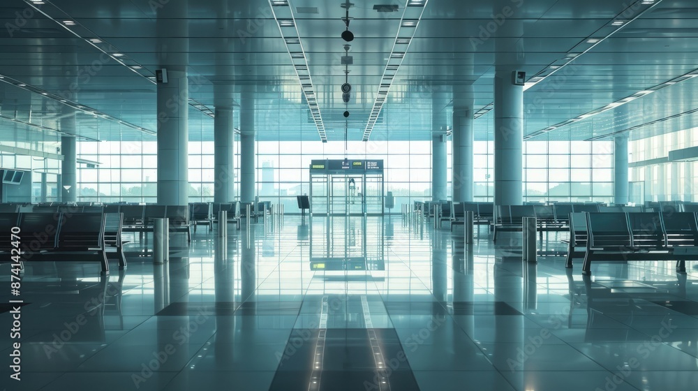 Obraz premium A deserted airport terminal with automated systems.