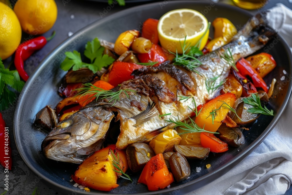 Grilled whole fish served with lemon, tomatoes, peppers, and fresh dill on a dark plate Grilled whole fish served with lemon, tomatoes, peppers, and fresh dill on a dark plate