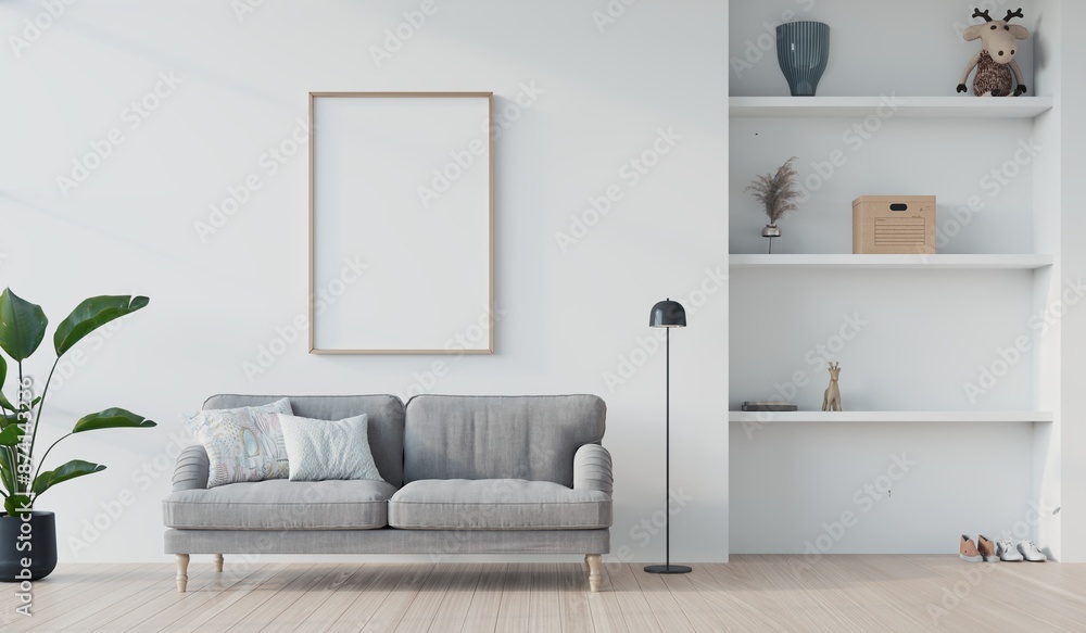 Fototapeta premium white living room with stylish sofa and blank poster frame