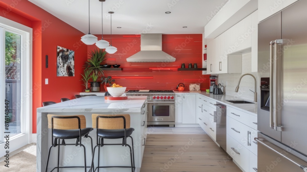 A modern kitchen with a red backsplash, stainless steel appliances, and a large island with bar stools. A modern kitchen with a red backsplash, stainless steel appliances, and a large island with bar stools.