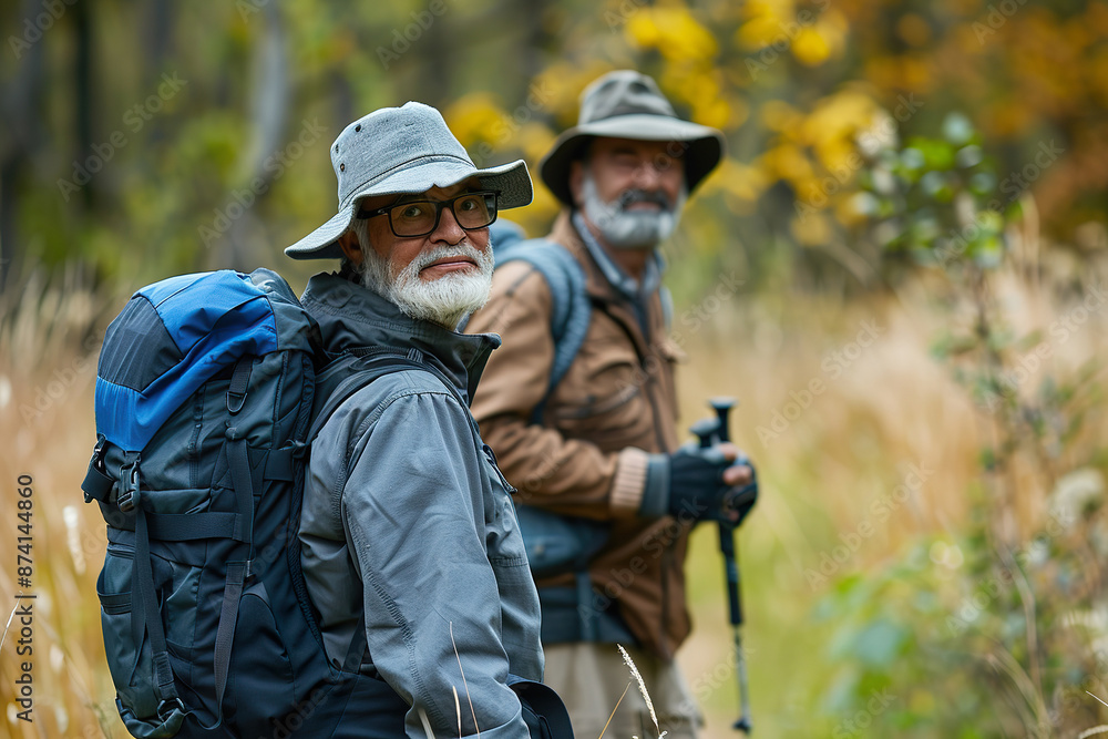 Fototapeta premium Senior Multiracial male Couple Enjoying a Nature Hike in Fall