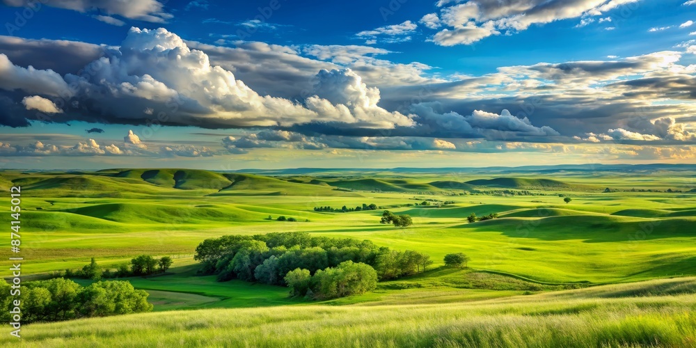 Obraz premium Landscape of prairies and grasslands in North America showcasing the greenery of the countryside and the vastness of the sky in the Dakotas
