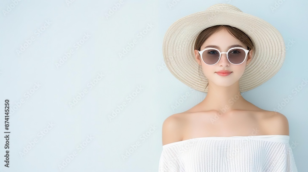 Young woman wearing sunglasses and hat against blue background. Young woman wearing sunglasses and hat against blue background.