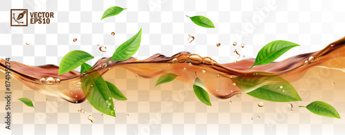 Realistic transparent isolated vector splash of tea with green leaves and drops, a splash in the form of a wave with bubbles