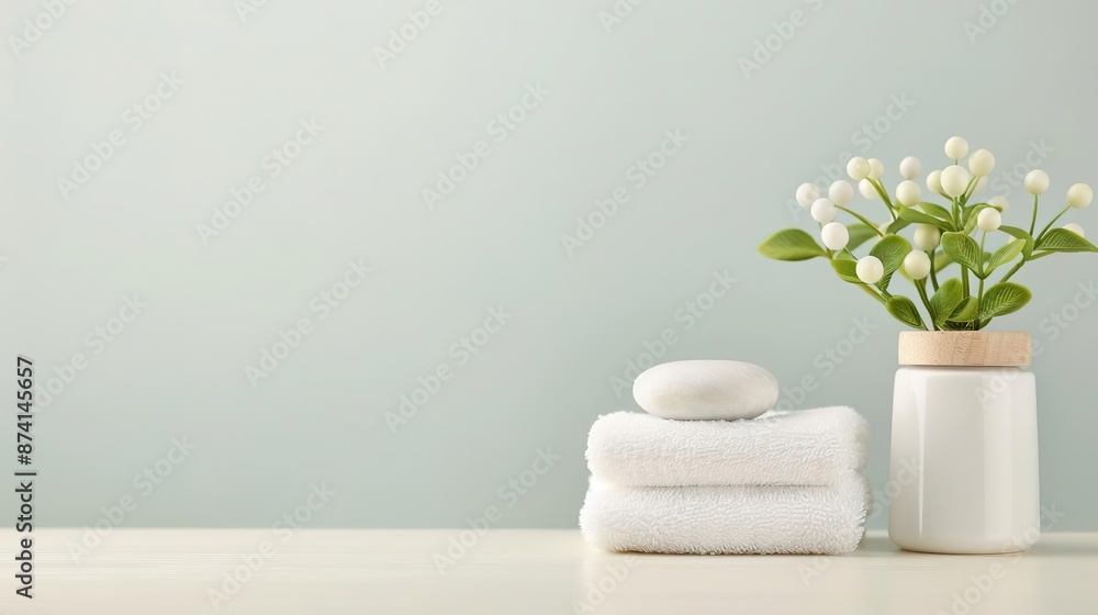 Minimalist bathroom with white towels, soap, and flowers. Minimalist bathroom with white towels, soap, and flowers.