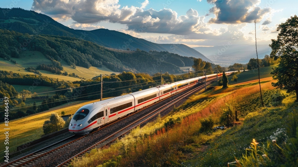 Fototapeta premium A high-speed train passing through a rural landscape.