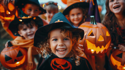 Happy Halloween. Children in costumes and makeup holiday halloween. Young girl dressed as a witch holding a carved pumpkin, standing outdoors in the evening with festive lights in the background.