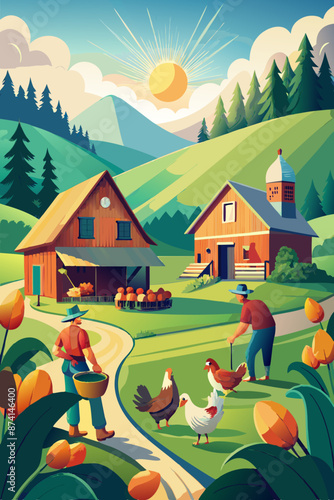 Idyllic Countryside Farmstead with Farmer Tending to Chickens at Sunrise