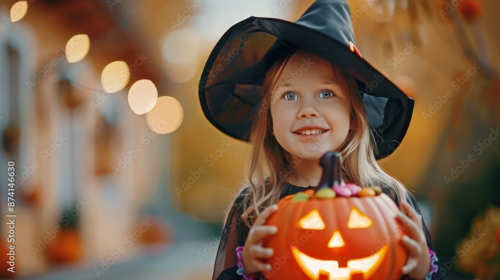 Happy Halloween. Children in costumes and makeup holiday halloween. Young girl dressed as a witch holding a carved pumpkin, standing outdoors in the evening with festive lights in the background. Happy Halloween. Children in costumes and makeup holiday halloween. Young girl dressed as a witch holding a carved pumpkin, standing outdoors in the evening with festive lights in the background.