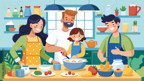 Family Cooking Together in a Modern Kitchen Illustration