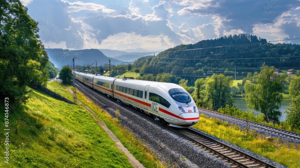 Fototapeta premium A high-speed train passing through a rural landscape.