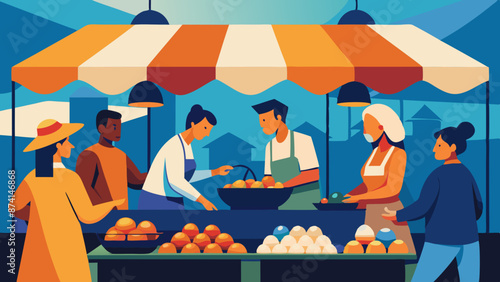 Bustling Outdoor Market Scene with Vendor Selling Fresh Produce
