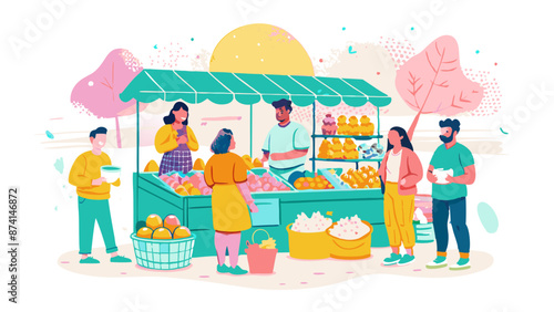 Vibrant Farmers Market Scene with Diverse Shoppers and Fresh Produce