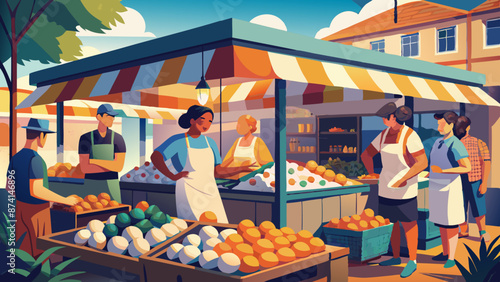 Bustling Outdoor Market Scene with Vendors and Fresh Produce