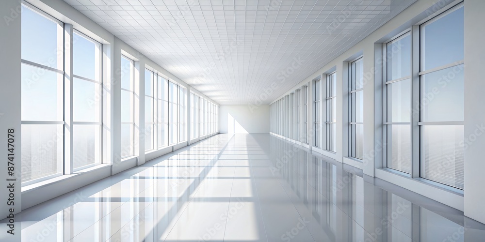 Obraz premium Modern interior with white walls and floor, and a corridor, room perspective, design