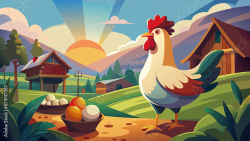 Colorful Rooster and Henhouse at Sunrise in Rural Landscape