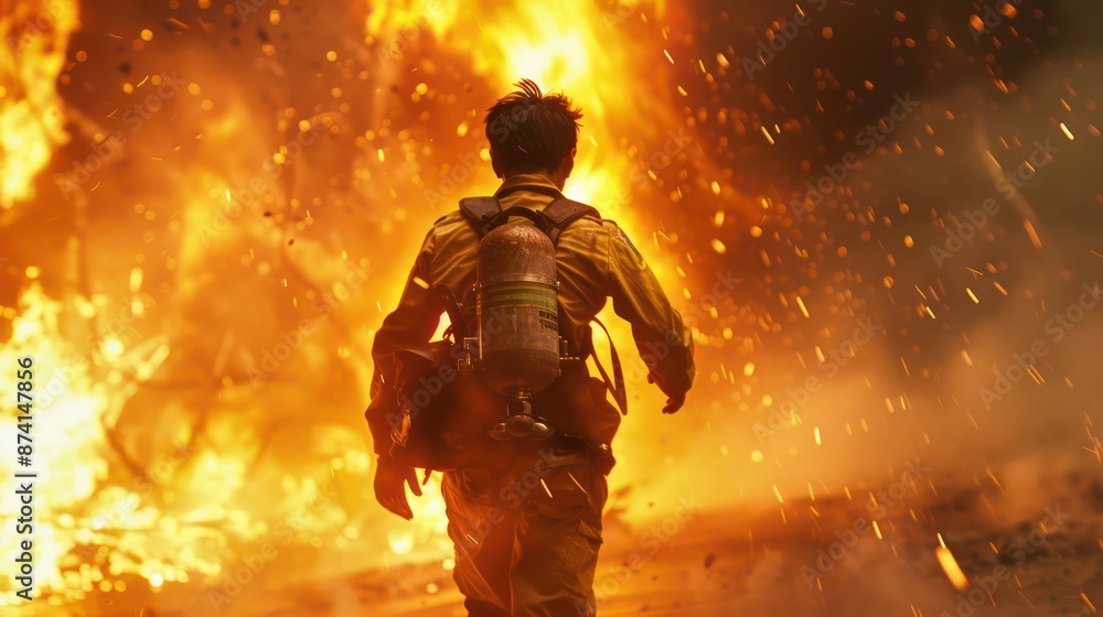 Fototapeta premium Brave and handsome firefighters risked their lives and rushed towards the huge flames at the scene.