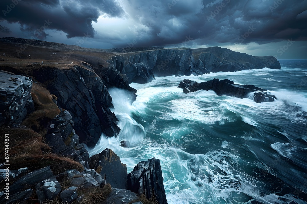 Obraz premium A rugged coastline with dramatic cliffs and crashing waves under a stormy sky 