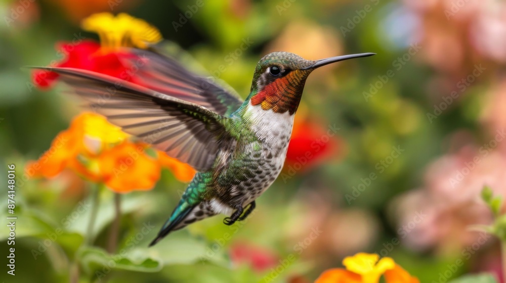 Fototapeta premium A close-up of a colorful hummingbird hovering near vibrant flowers, mid-flight.