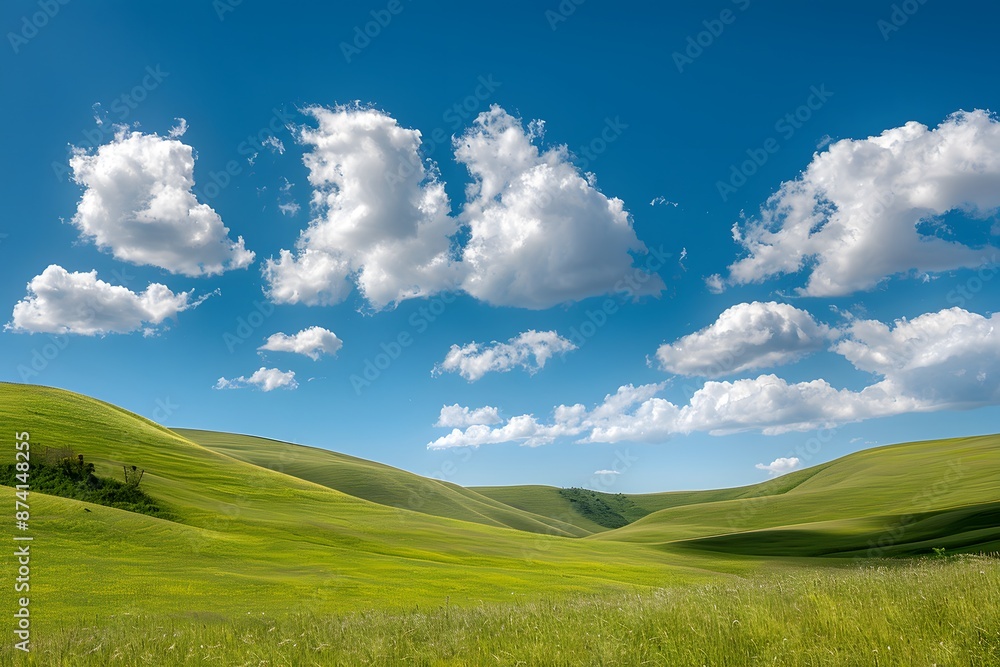 Fototapeta premium Rolling green hills under a bright blue sky with scattered fluffy clouds, a perfect summer day 