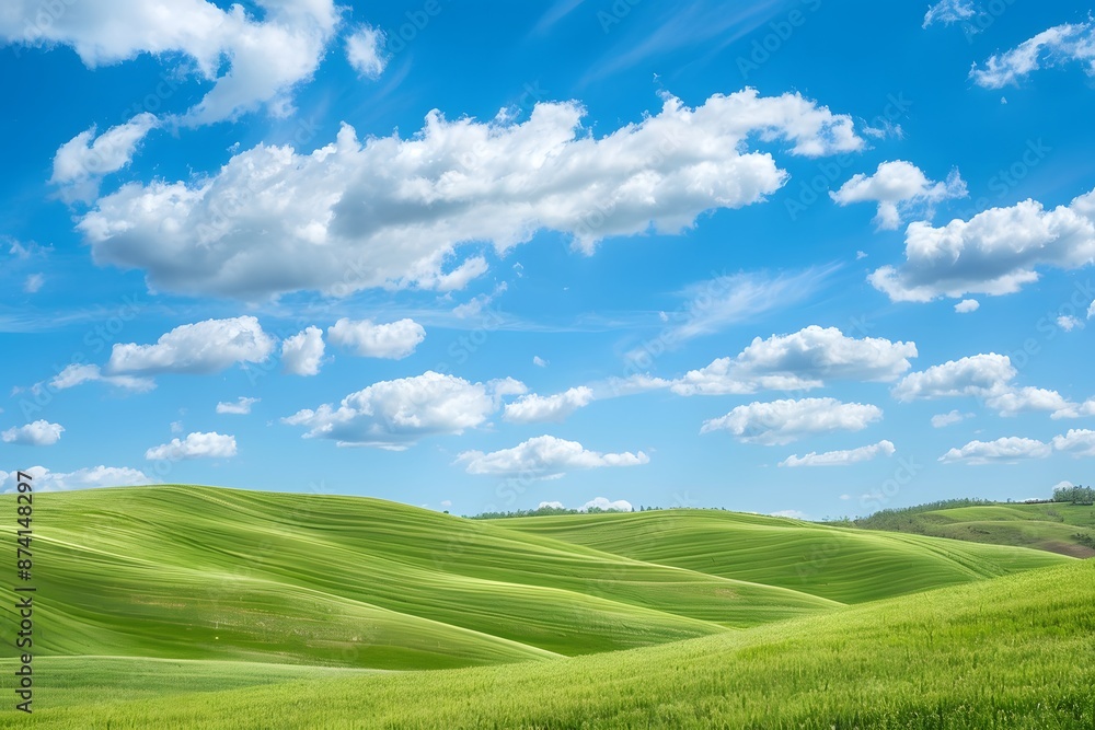 Obraz premium Rolling green hills under a bright blue sky with scattered fluffy clouds, a perfect summer day 
