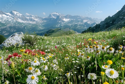 An alpine meadow dotted with colorful wildflowers, with snow-capped mountains in the distance