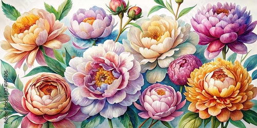 Fototapeta Naklejka Na Ścianę i Meble -  Painterly floral arrangement in vibrant watercolor hues featuring peonies : digital art, abstract, illustration, generative art, pattern