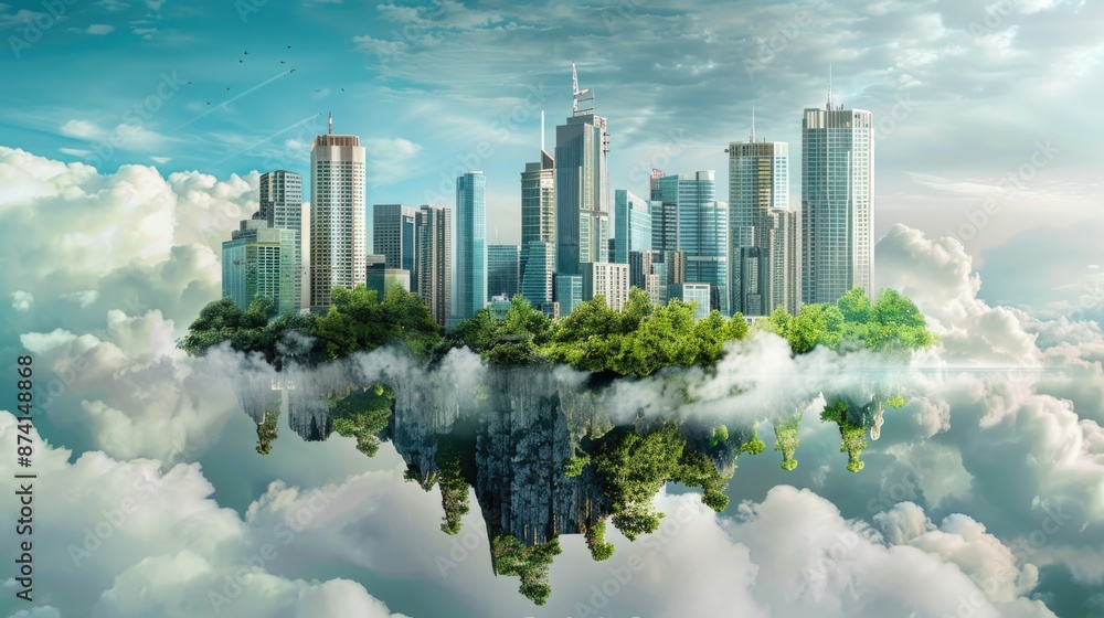 Fototapeta premium Green Life. Elegant Modern Business Center on Floating Eco Island with Green Skyscrapers
