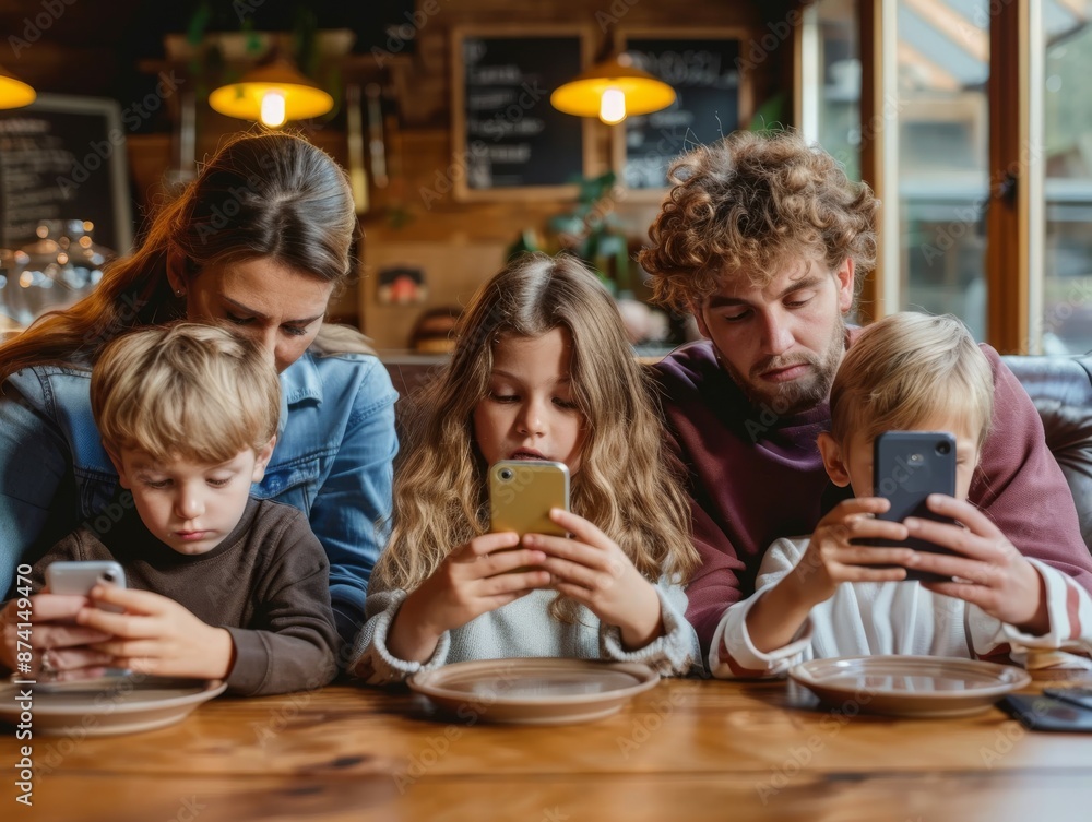 Family Using Smartphones at a Cafe Table, Bored Kids, Busy Adults, Phone Addiction, Modern Life, Technology Use, Family Time, Casual Cafe, Coffee Shop, Interior, Eating Out. Family Using Smartphones at a Cafe Table, Bored Kids, Busy Adults, Phone Addiction, Modern Life, Technology Use, Family Time, Casual Cafe, Coffee Shop, Interior, Eating Out.