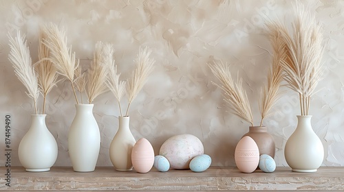 Bohemian Easter setup with pampas grass in vases against a beige wall, perfect for print design. photo