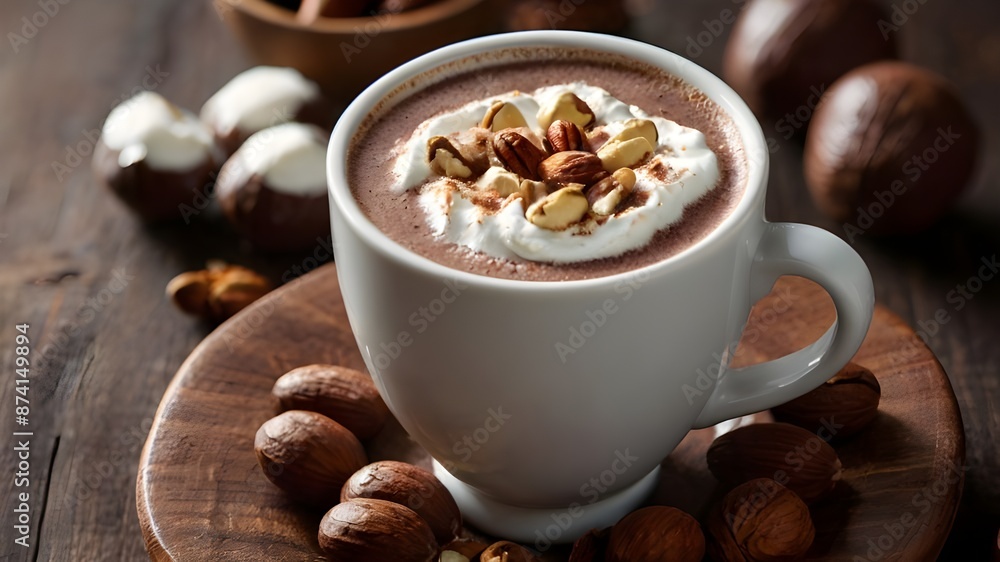 Fototapeta premium there is a hot chocolate drink with whipped cream and nuts on the table, hot cocoa drink, with a cup of hot chocolate, cappuccino, hot coffee, cozy cafe background, high quality food Generative AI