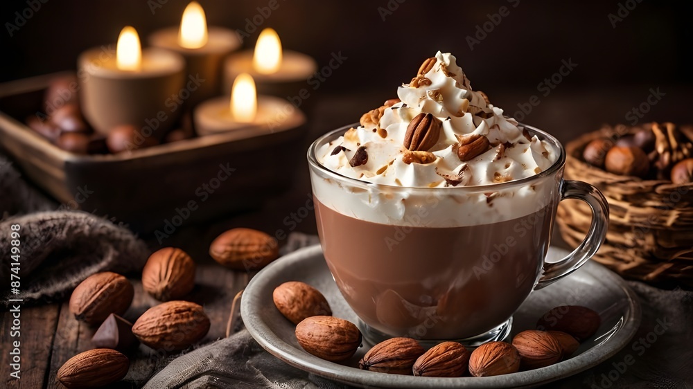 there is a hot chocolate drink with whipped cream and nuts on the table, hot cocoa drink, with a cup of hot chocolate, cappuccino, hot coffee, cozy cafe background, high quality food Generative AI there is a hot chocolate drink with whipped cream and nuts on the table, hot cocoa drink, with a cup of hot chocolate, cappuccino, hot coffee, cozy cafe background, high quality food Generative AI