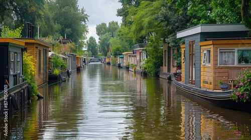 A picturesque canal with a line of houseboats. © Lcs