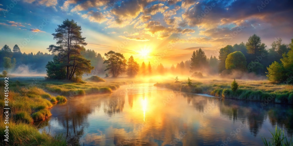 Sunrise Mist Over River With Fog, Trees and Golden Clouds Sunrise Mist Over River With Fog, Trees and Golden Clouds