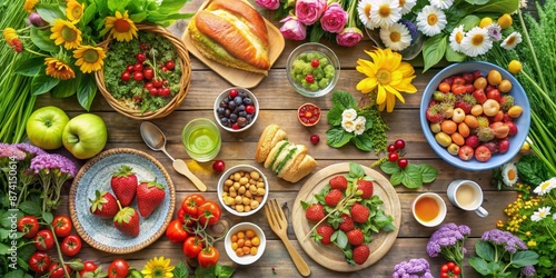 Summery nature top view photo of garden flowers, greenery, and food, illustration